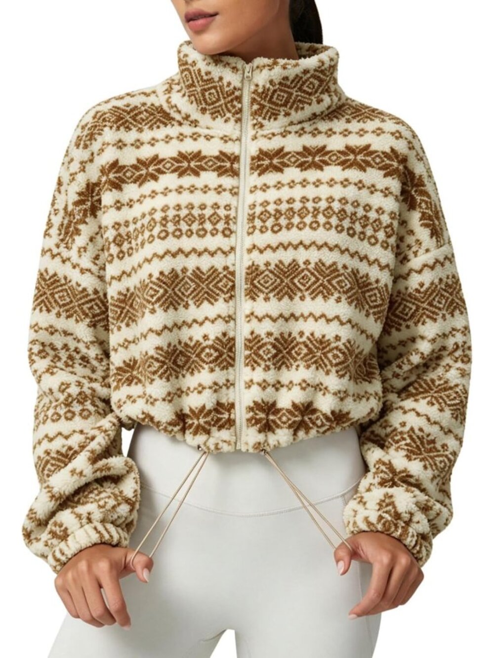 Women’s Brown Geometry Cropped Sherpa Full Zip Warm Winter Coat Fleece Jacket